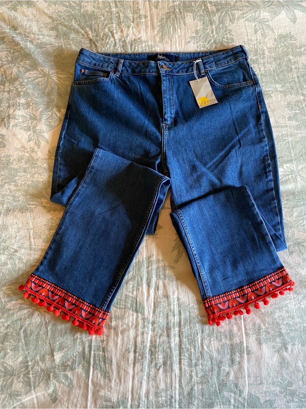 Boden Blue Jeans with Red Pom and Ribbon Trim